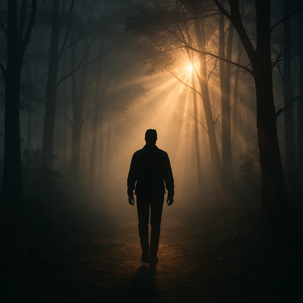 Silhouette einer Person im nebligen Wald als Bild für Leid und geistlichen Weg