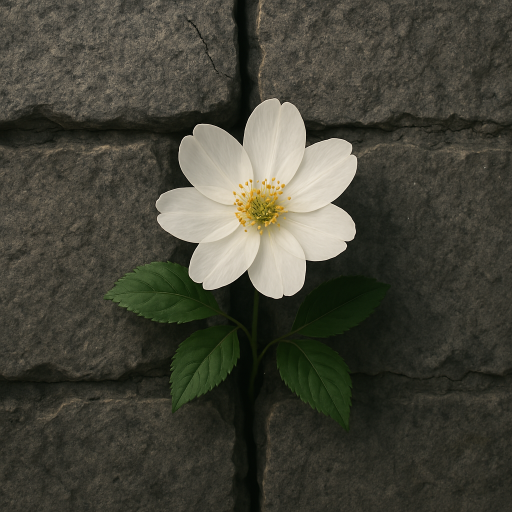 Weiße Blume zwischen Steinen als Zeichen für Auferstehung und neues Leben